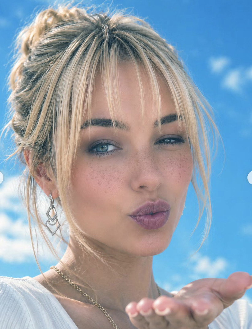 Young blonde woman with freckles making a kissing face, holding out her hand under a blue sky