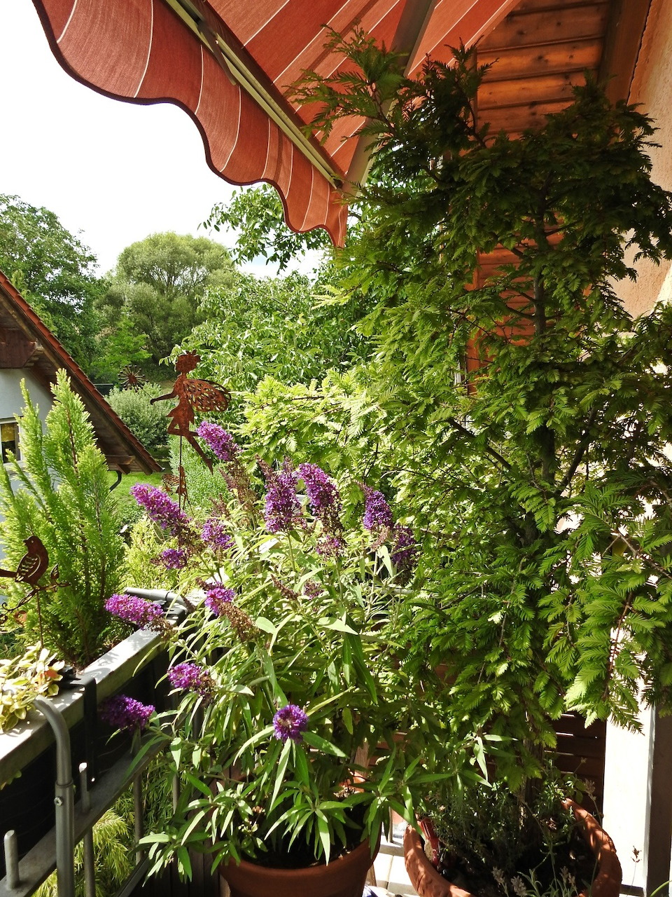 Balcony with purple flowers, potted plants, and a striped red awning overlooking a green garden
