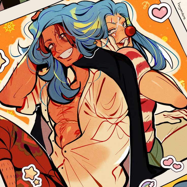 Anime girl with flowing blue hair and orange eyes smiling cheerfully in colorful illustration