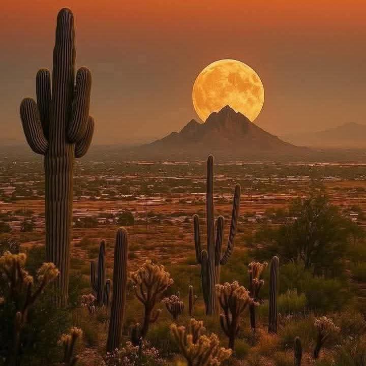 Full moon rising over a mountain in the Arizona desert with saguaro cacti at sunset