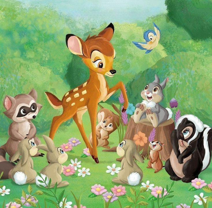 Bambi the fawn standing with forest animal friends in a green meadow with flowers