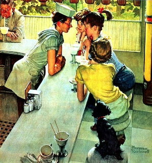 Norman Rockwell painting of kids and a waitress at a soda fountain counter with a black dog