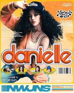 Magazine-style fan art of Danielle from NewJeans wearing a black cap and orange top with retro design elements