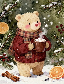 Illustrated bear in red sweater and plaid scarf holding hot cocoa mug with winter holiday decorations