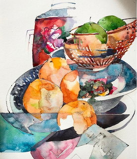 Watercolor painting showing glass bowls with green apples and fruit in vibrant colors with abstract flowing shapes