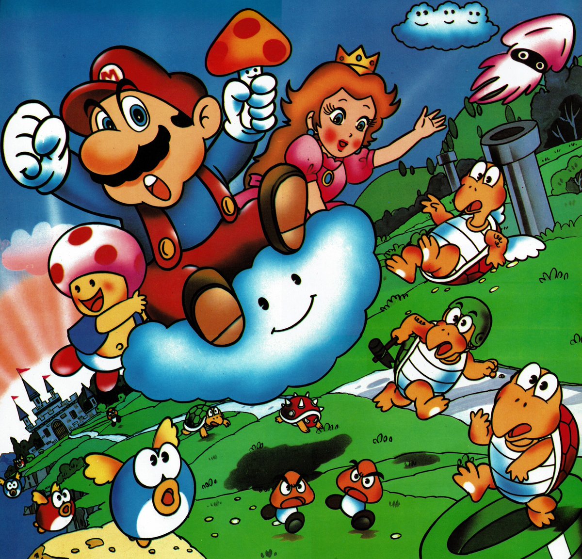Super Mario, Princess Peach, and Toad fly over a green landscape with Koopa Troopas, Goombas, and other characters.