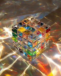Multicolored glass cube with rainbow light refractions on reflective surface