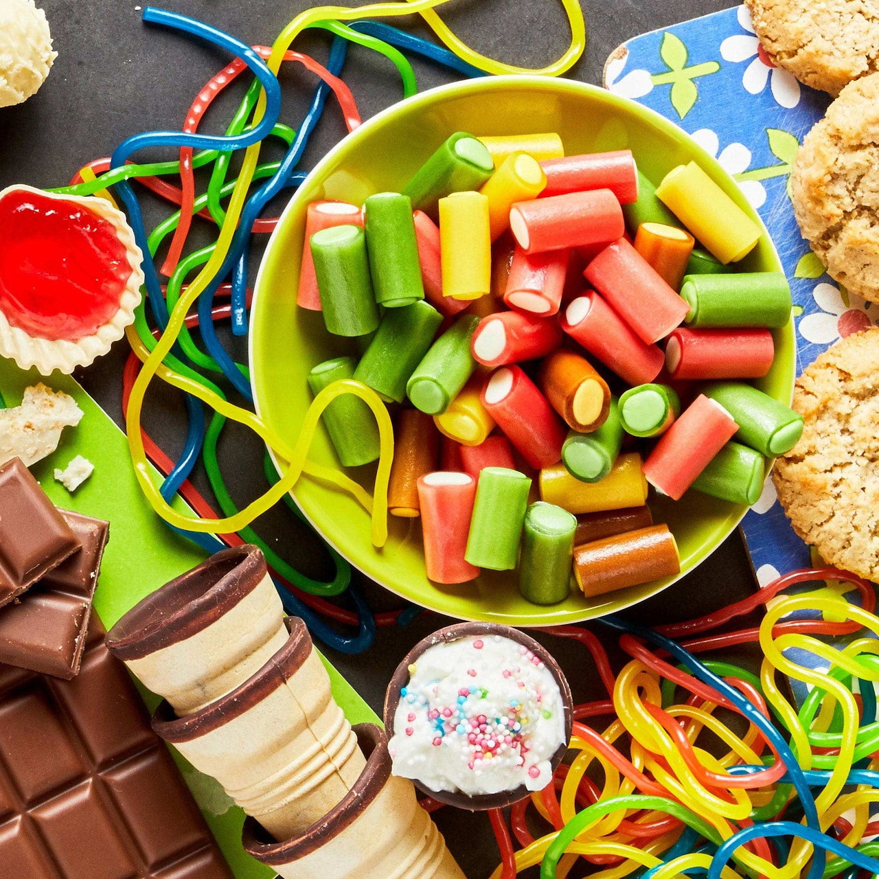 Colorful striped candy rolls and assorted sweets on bright yellow plate with festive decorations