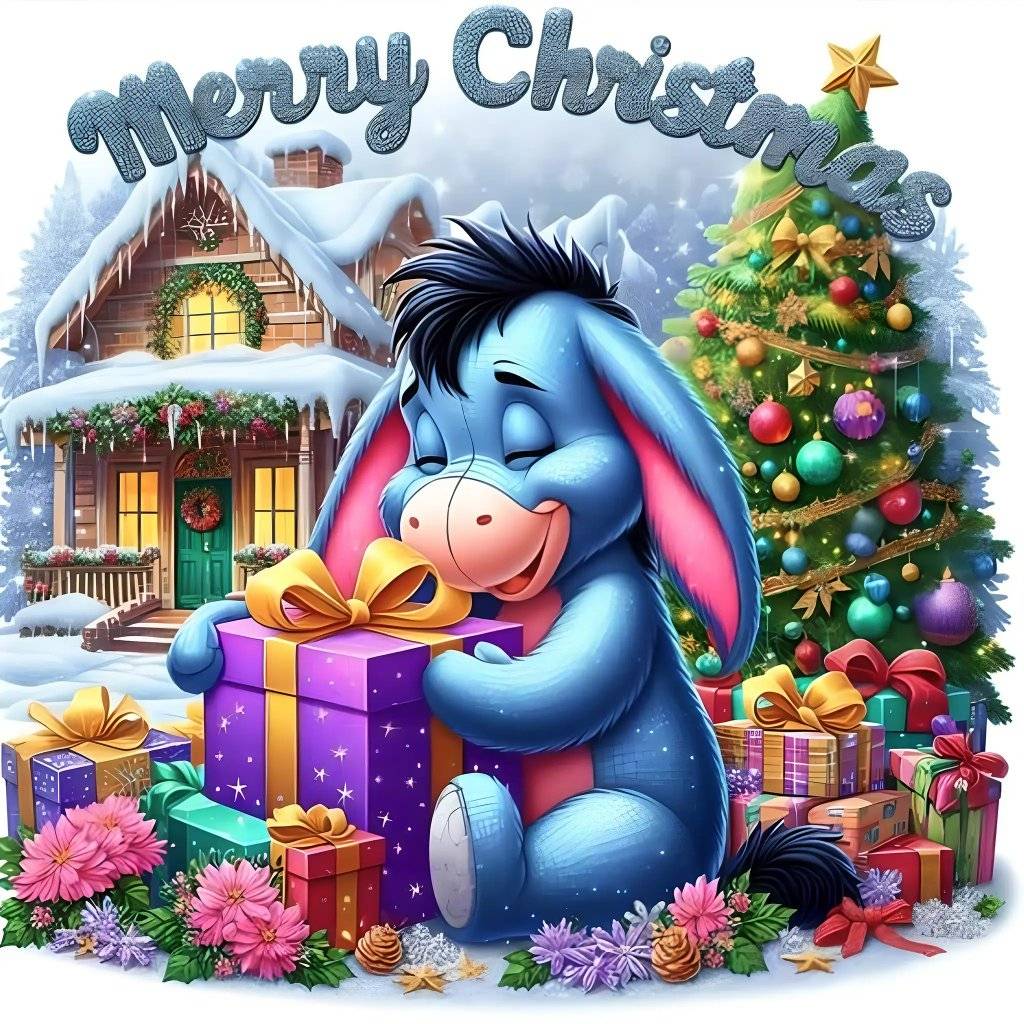 Blue donkey Eeyore holding gift box next to Christmas tree and cottage