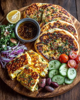 Overhead view of herb flatbread slices arranged on wooden board with cucumber, tomatoes, olives, and dipping sauce