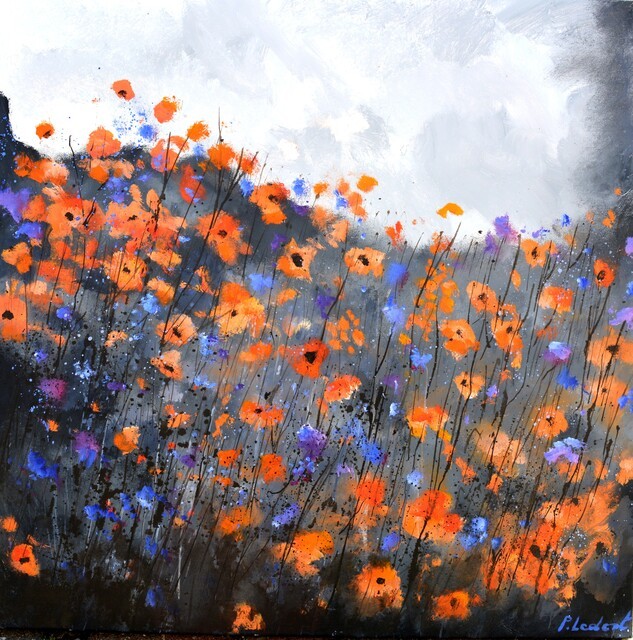 Impressionist painting of orange poppies and blue wildflowers in a meadow under a grey sky