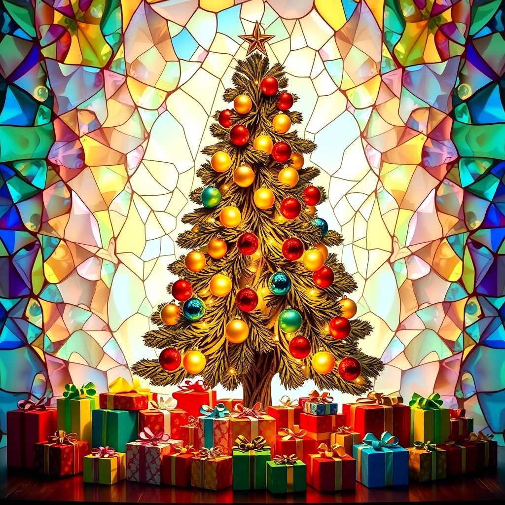 Christmas tree with colorful ornaments framed by stained glass mosaic and gift boxes