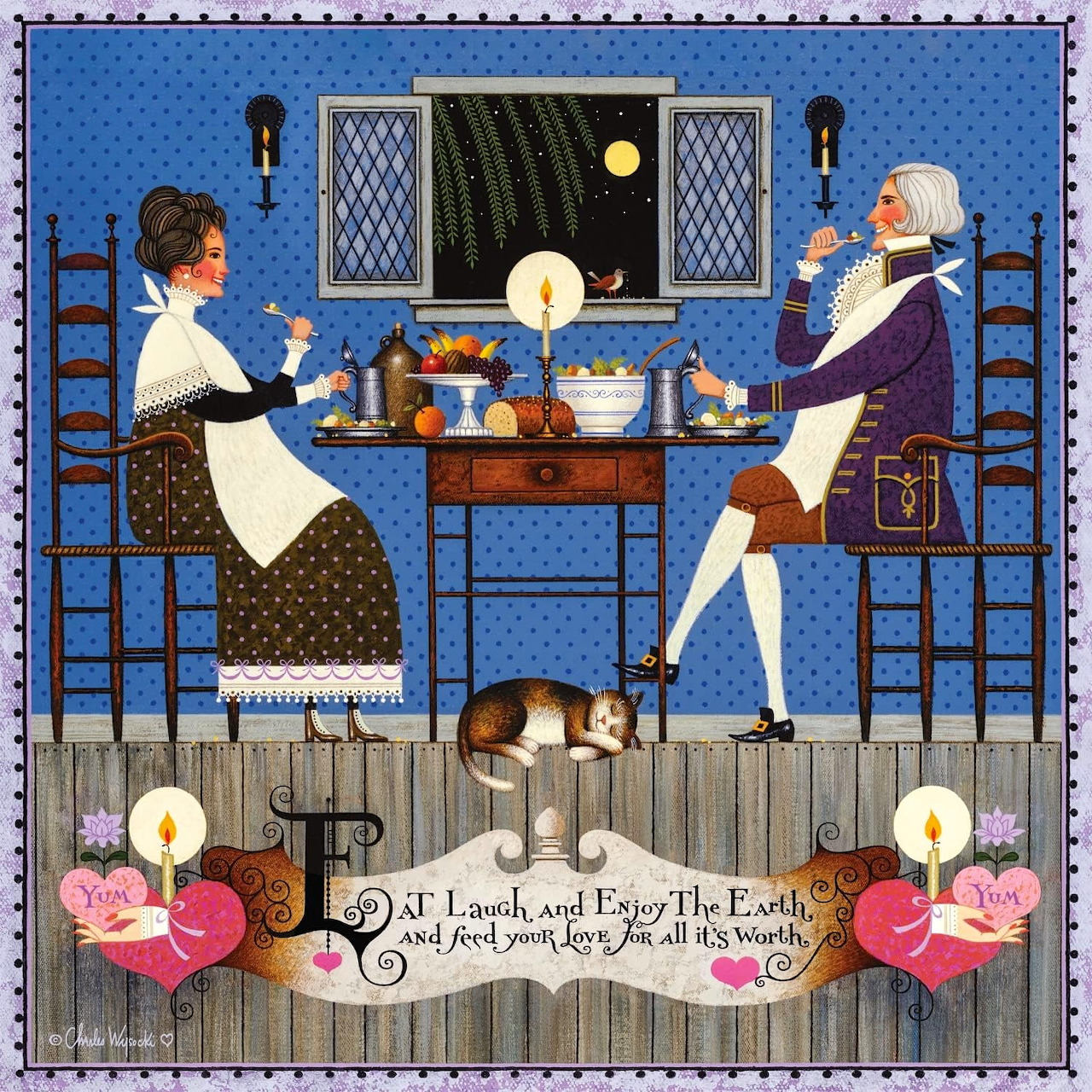Folk art couple dining at a candlelit table with a cat underneath and decorative hearts at the bottom