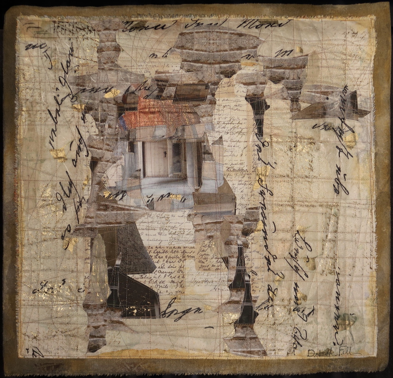 Mixed media collage with classical architecture fragments, columns, and handwritten text on aged paper background
