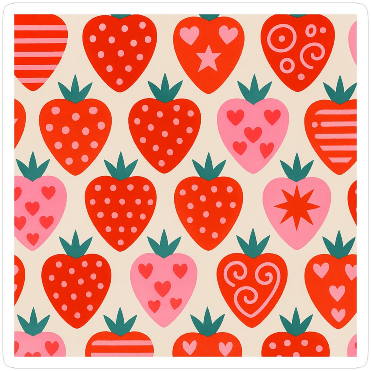Repeating pattern of red strawberries and pink hearts on a light background