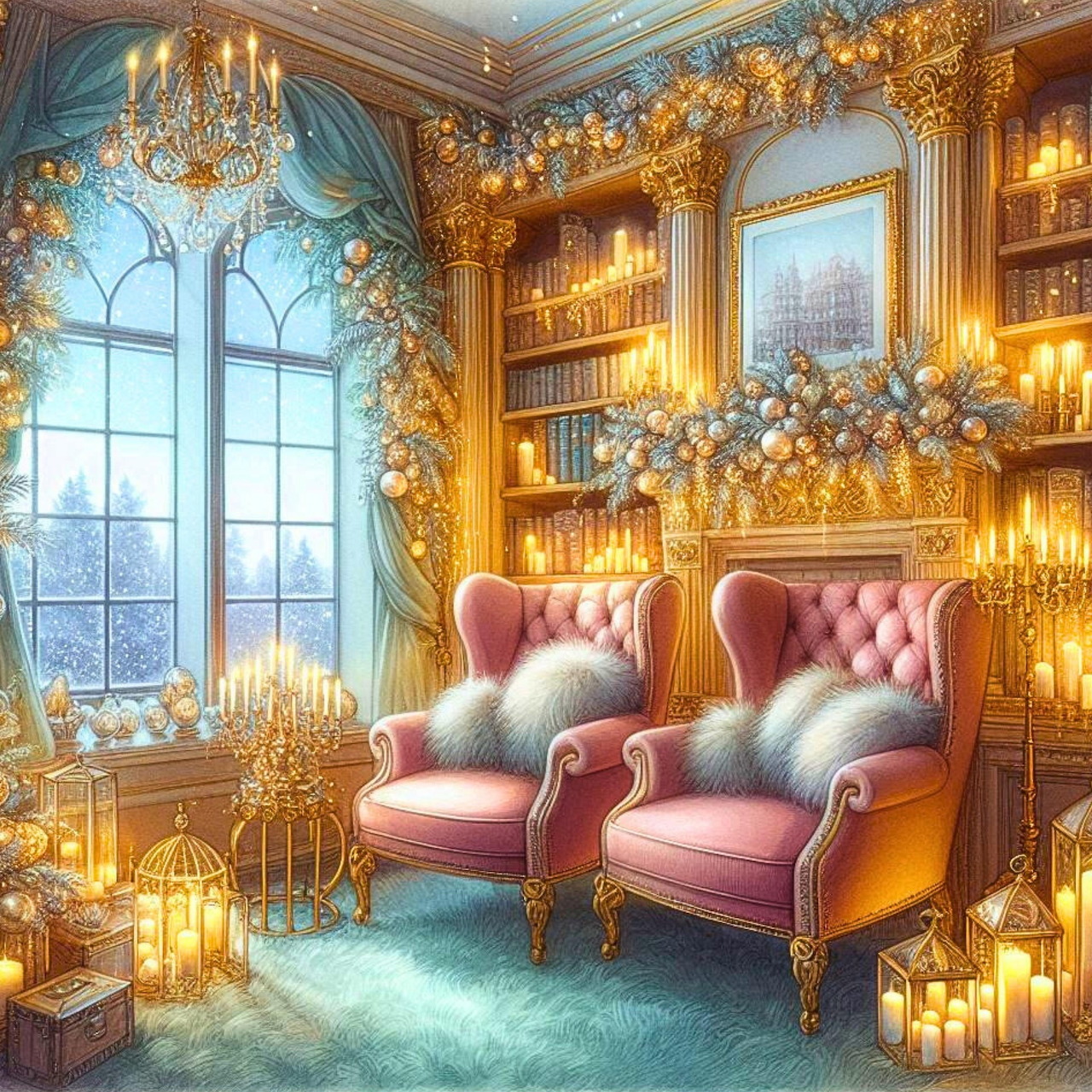 Cozy Christmas library with pink armchairs, candles, garlands, and bookshelves by a tall window