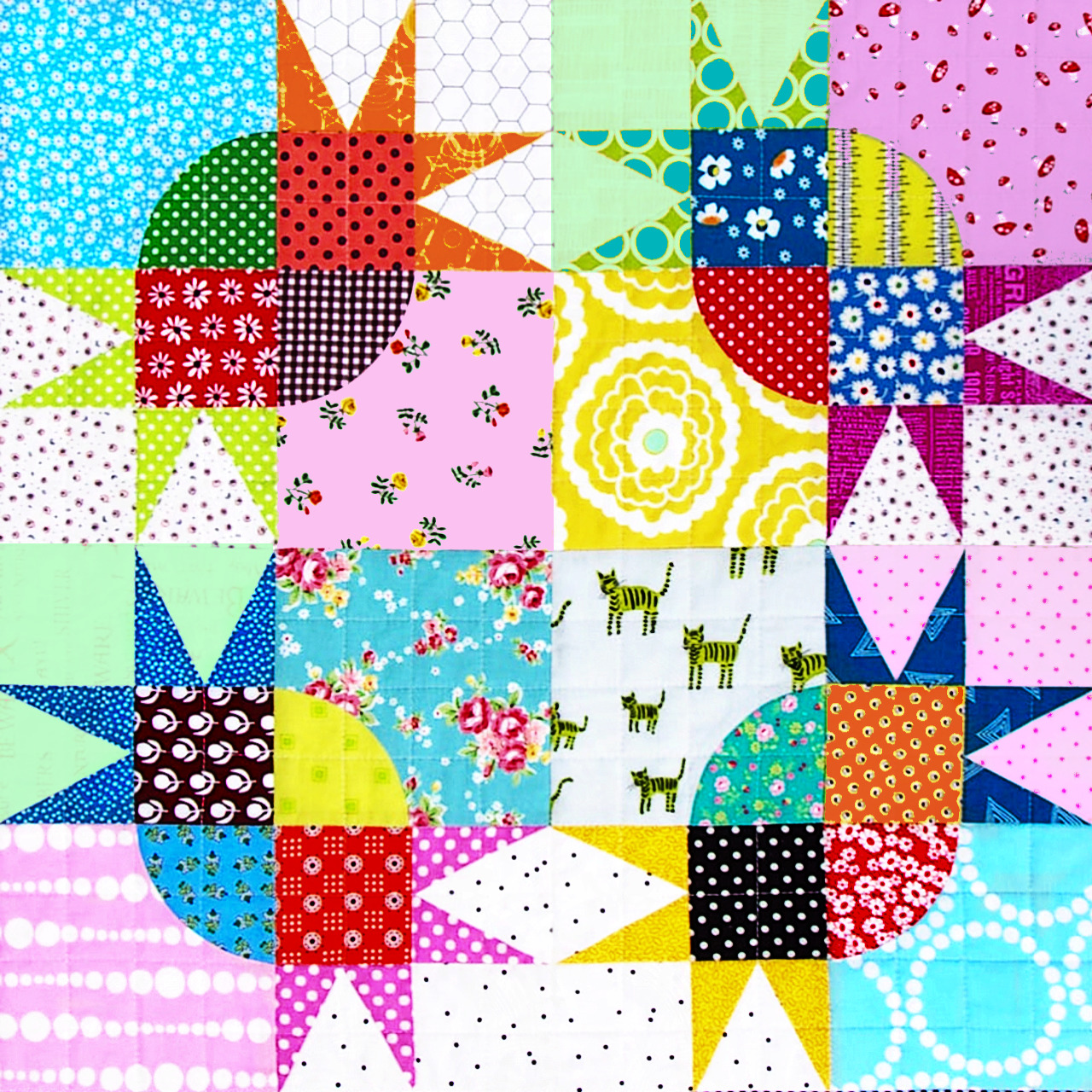 Colorful patchwork quilt block with star patterns in various printed fabrics