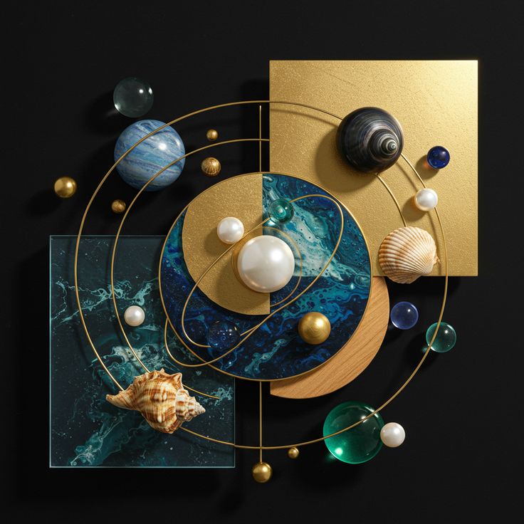Abstract 3D composition with spheres, geometric shapes, gold accents, and orbital rings on black background
