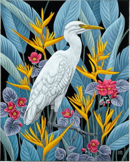 White cattle egret surrounded by tropical flowers and blue leaves in a botanical painting