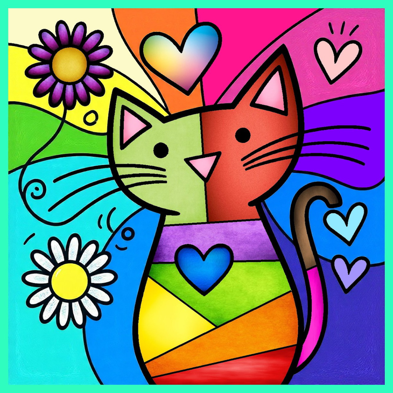 Colorful abstract cat with rainbow body, hearts and daisies on bright geometric patterned background