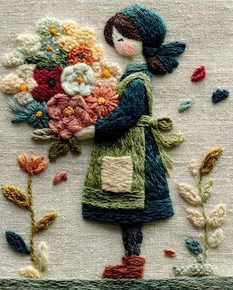 Embroidered artwork of a girl in a teal dress holding a large bouquet of colorful flowers