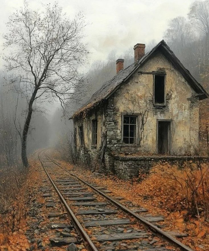 Old abandoned house beside railway tracks in a foggy autumn landscape