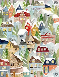Illustrated winter village scene with colorful houses among snowy trees