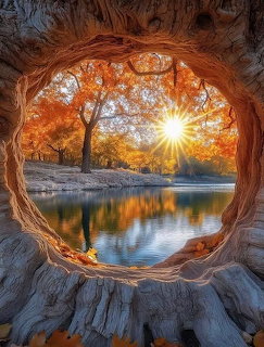 View through a circular tree hollow showing autumn trees, a river, and a sunburst at golden hour