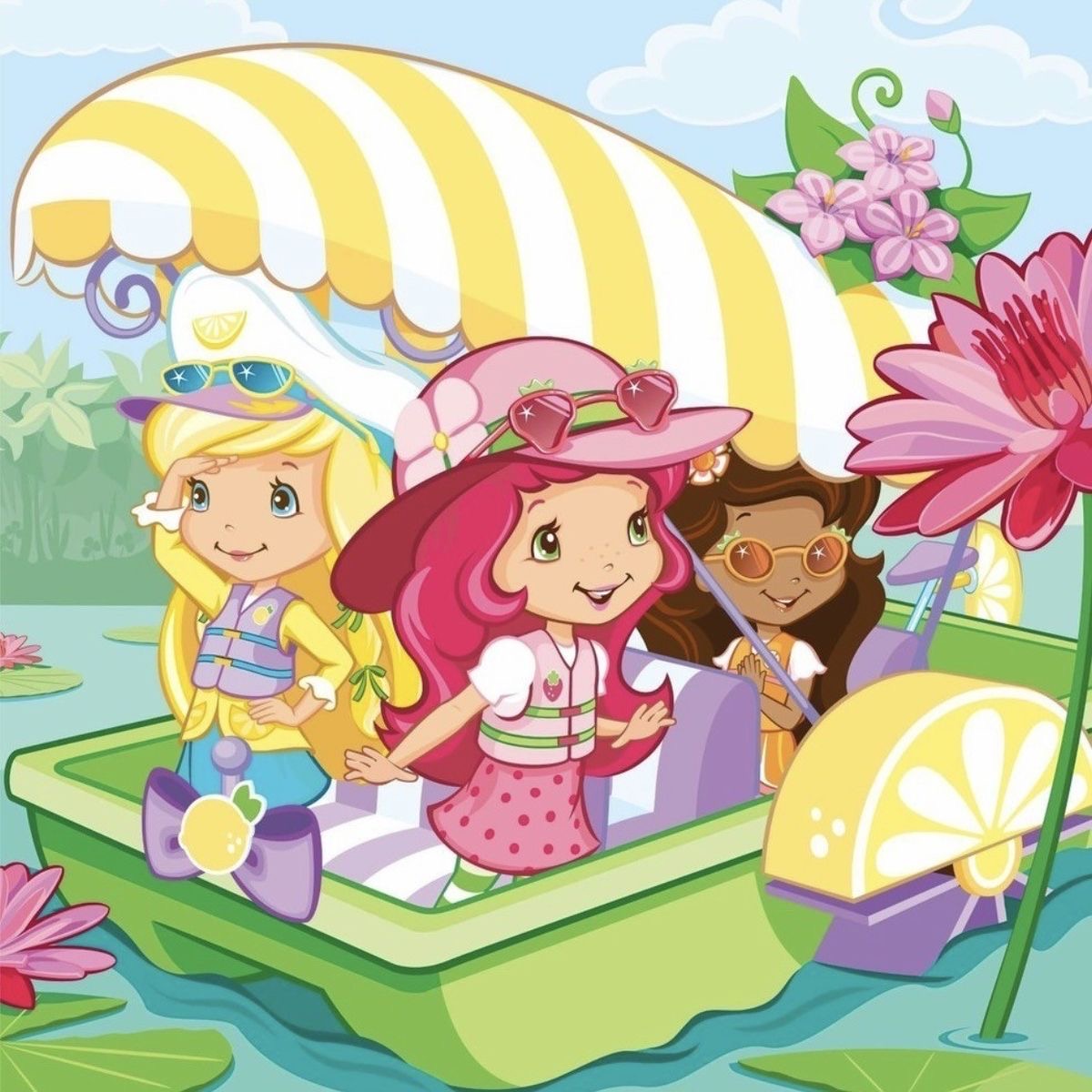 Three cartoon girls in a decorative boat with flowers and yellow striped canopy on water