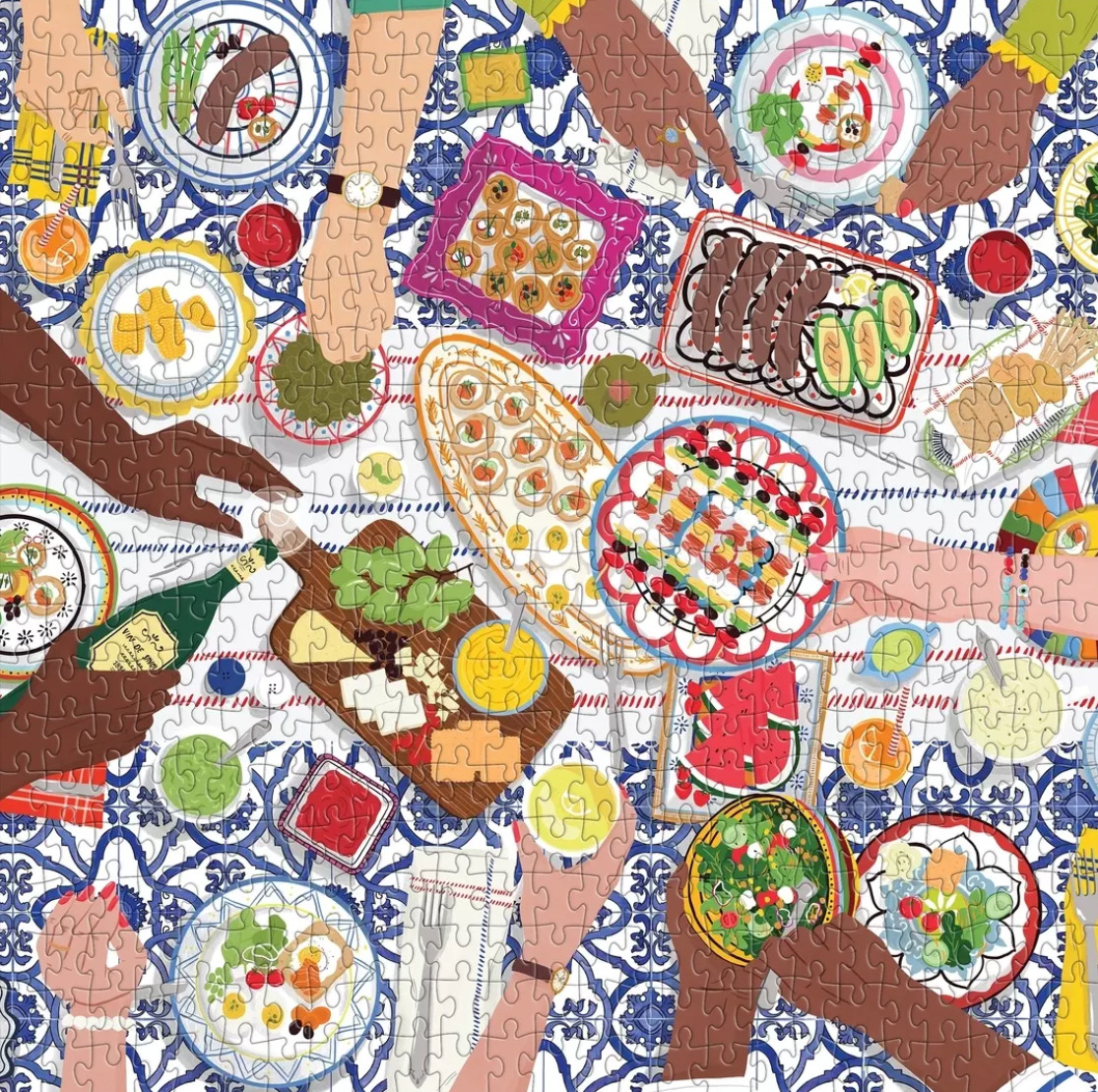Illustrated overhead view of a table covered with colorful plates of food and many hands reaching in