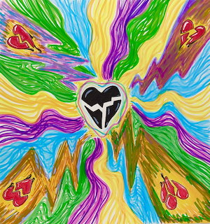 Abstract art with rainbow colored waves radiating from a central heart symbol in psychedelic style