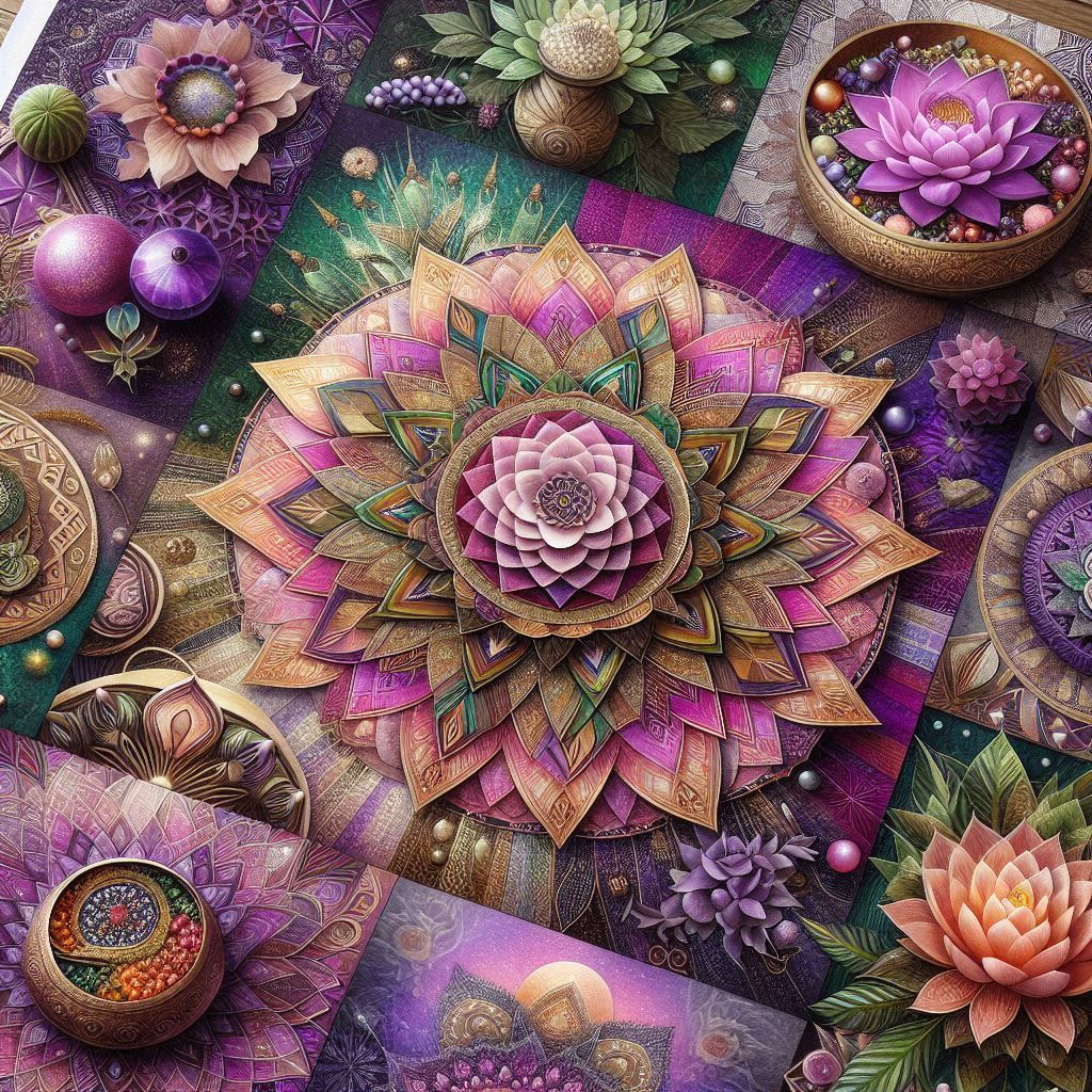 Ornate mandala with lotus flowers and succulents on purple surface