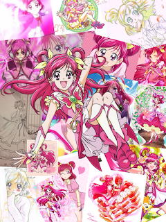 Collage of Cure Dream anime magical girl character in pink costume with various illustrations and sketches
