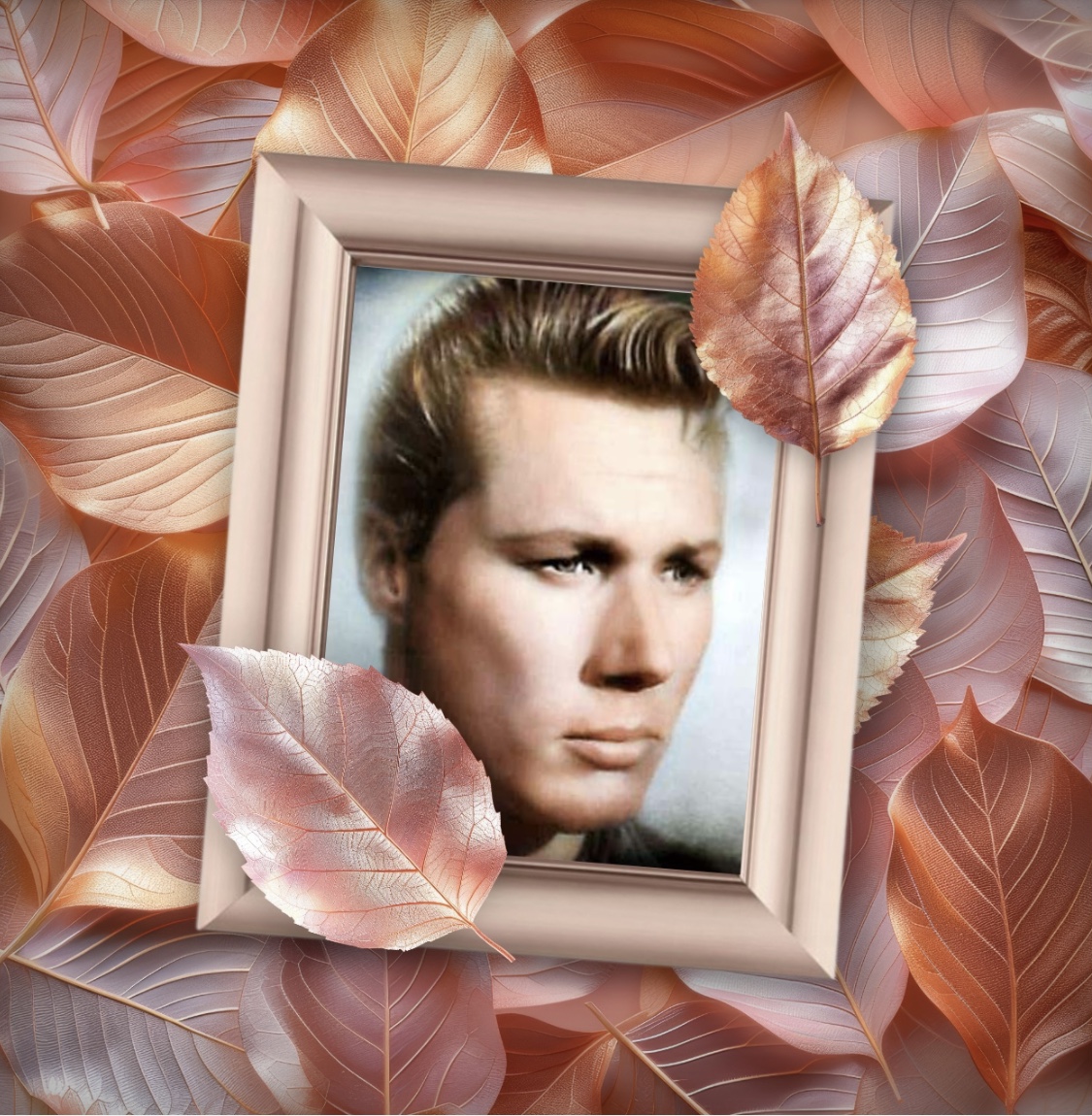 Framed portrait of a man surrounded by layered pastel leaves