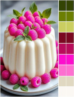 White panna cotta dessert topped with pink raspberries and mint leaves on a plate