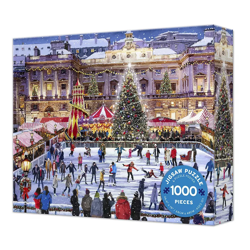 Puzzle box featuring a winter ice skating scene with a Christmas tree and lit building