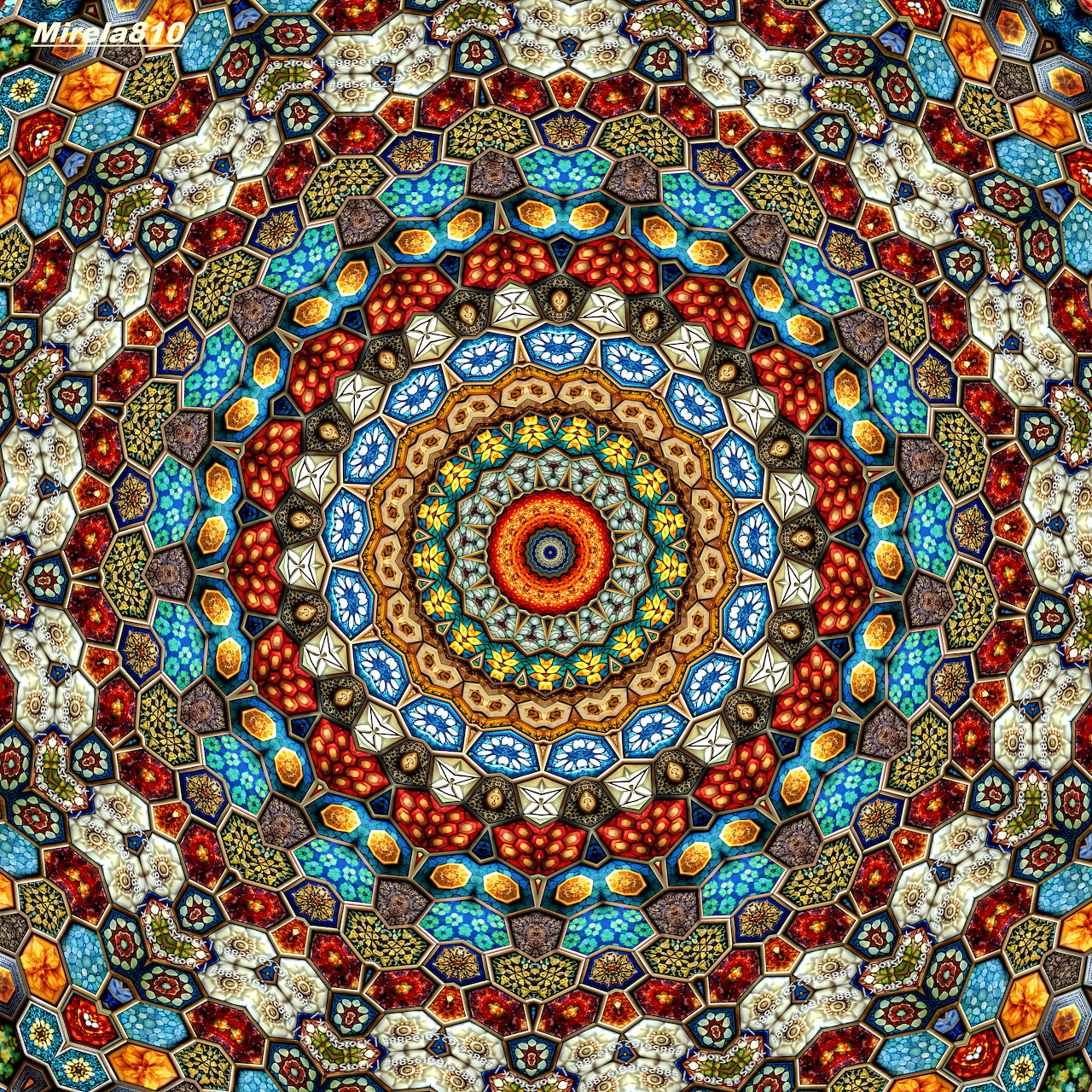 Ornate mandala with concentric rings of colorful geometric patterns and floral motifs in warm and cool tones