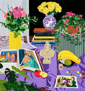 Still life painting with yellow roses, pink flowers, books, and art materials on purple cloth