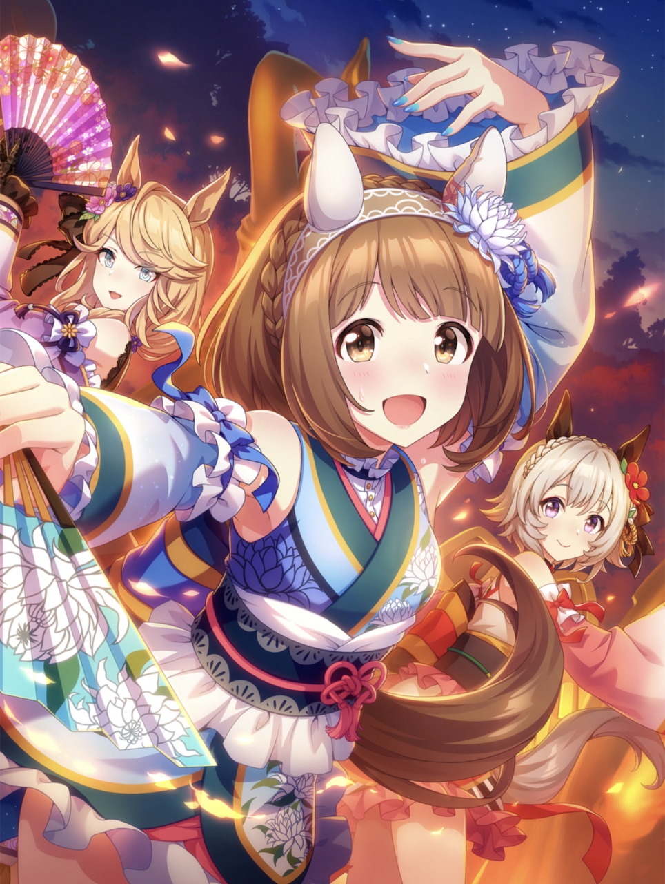 Three anime girls with animal ears in colorful festival outfits, one holding a fan, night sky background