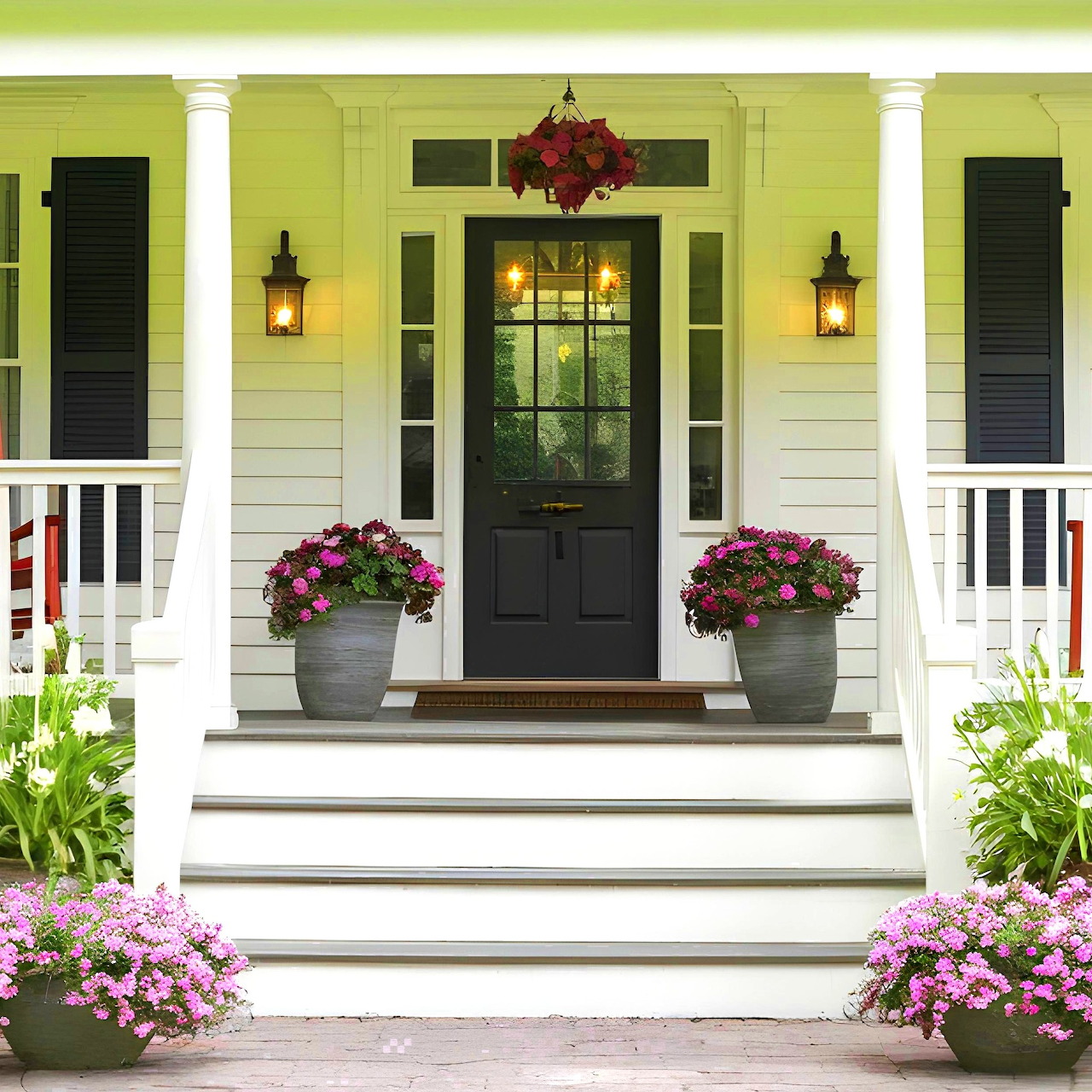 Front porch of yellow house with black door, white railings, lanterns, and pink flowers in gray planters