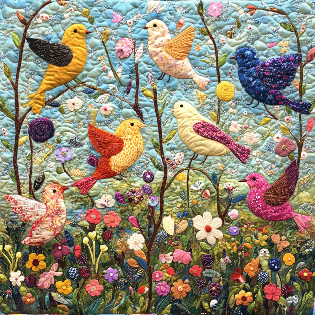 Colorful fabric quilt with embroidered birds on branches and flowers below in a folk art style