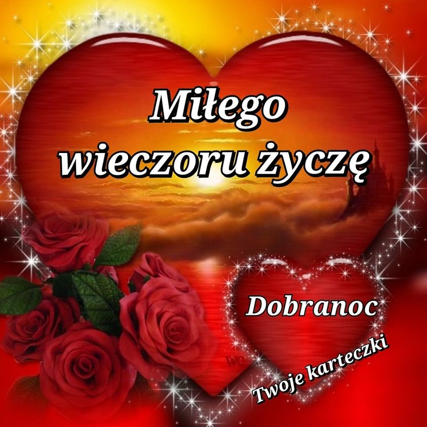 Red heart shape with roses and stars on golden background with Polish greeting text