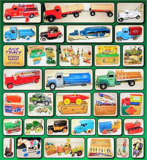 Collage of vintage toy cards with trucks, planes, trains, and games arranged in rows.