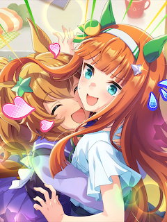 Colorful anime illustration of two smiling girls hugging with hearts and bright effects