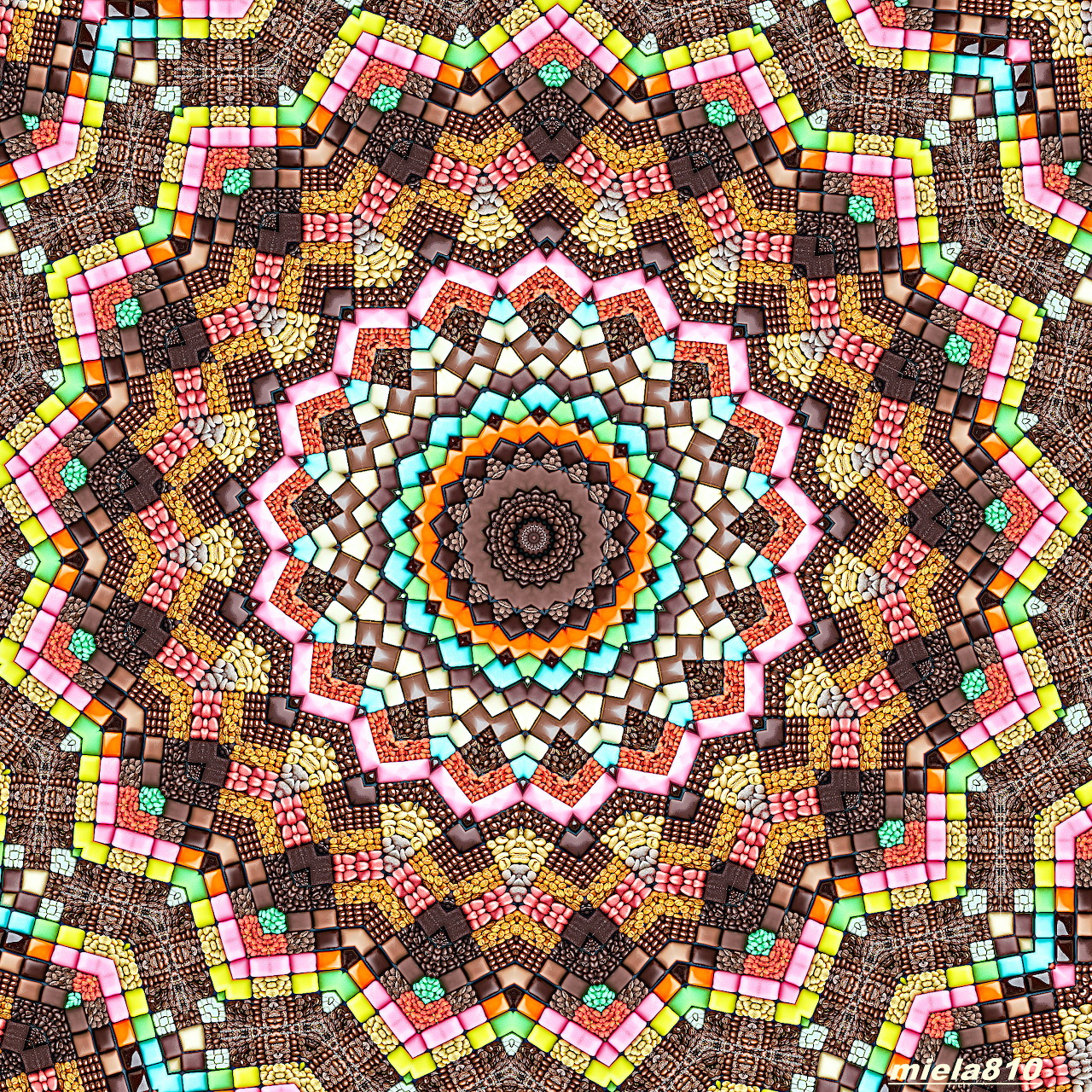 Colorful geometric mandala with mosaic tile patterns radiating from orange center in perfect symmetry
