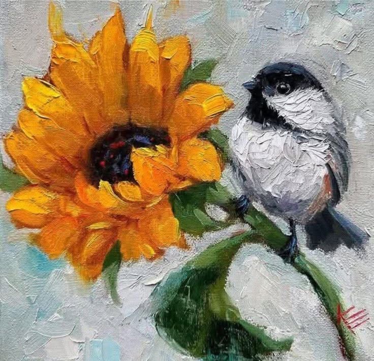 Painting of a small black-and-white bird beside a yellow sunflower