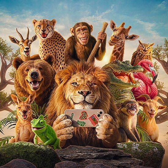 Illustration of a lion holding playing cards surrounded by zoo animals like a monkey, giraffe, cheetah, bear, and frog