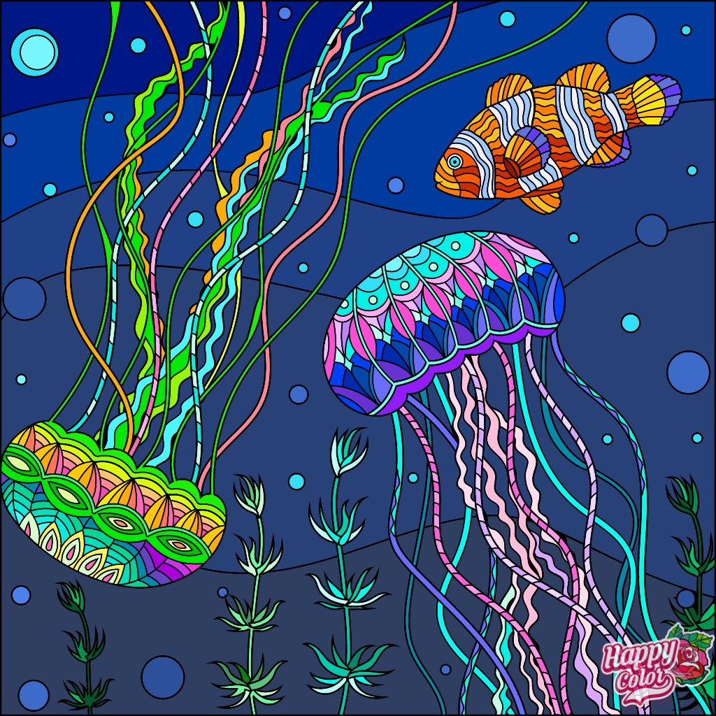 Vibrant underwater scene with clownfish, jellyfish, and sea plants on blue background
