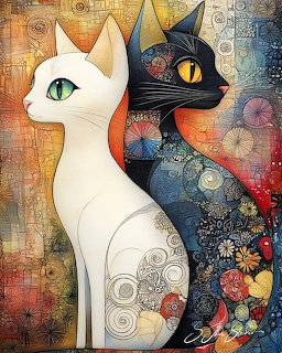 Two decorative cats, one white and one black with intricate floral patterns, against a vintage textured background