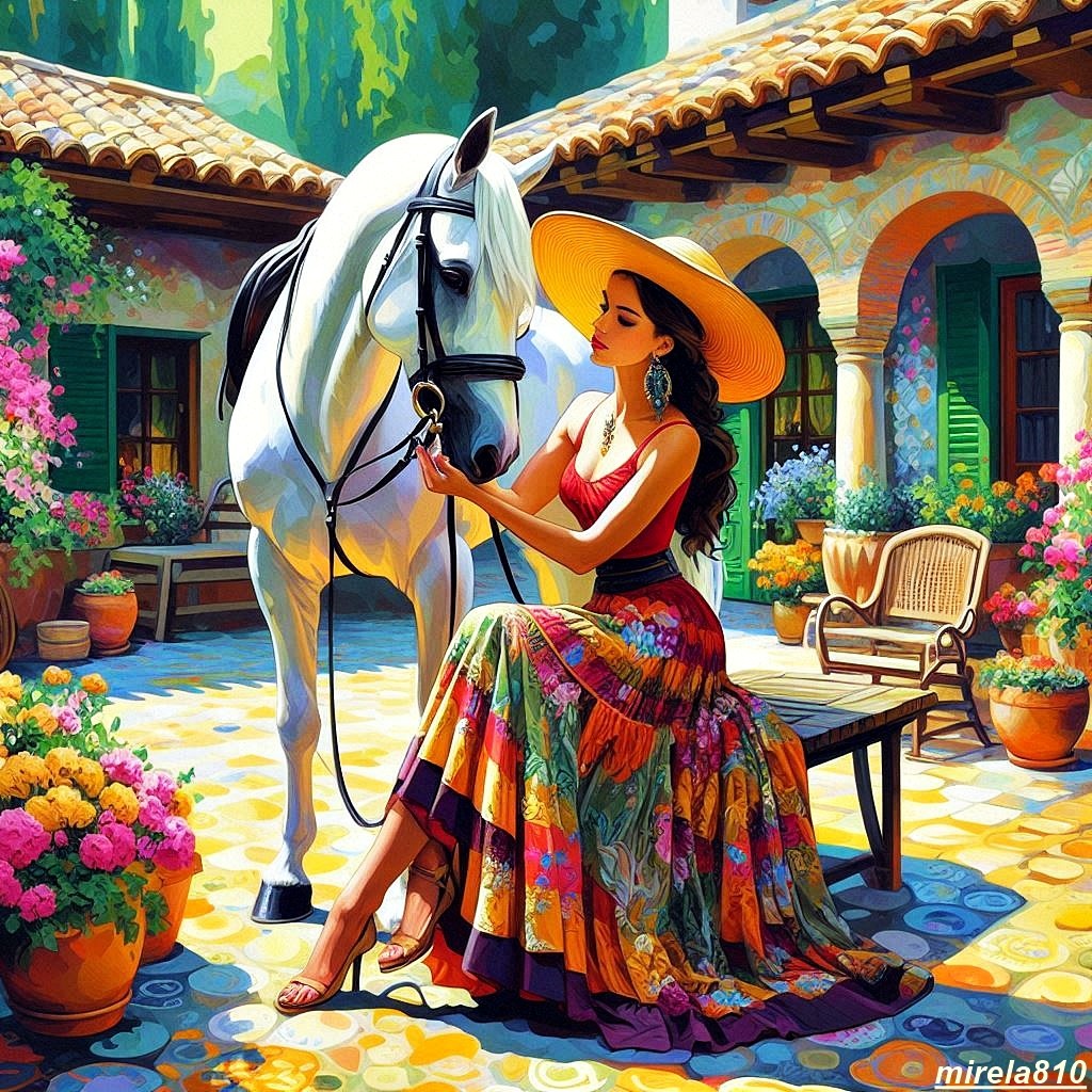 Woman in bright dress sitting with white horse in colorful courtyard with flowers